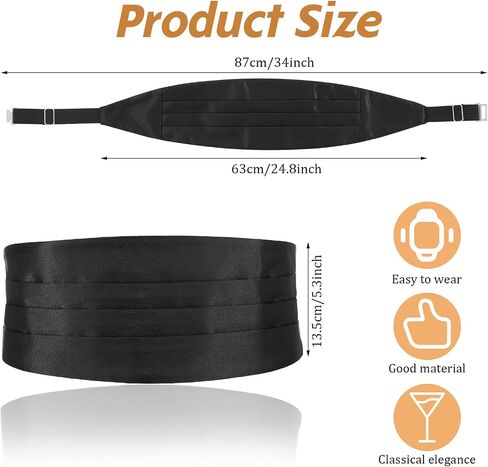 2Pcs Black Cummerbund Satin Cumberbund with Adjustable Band Solid Color Cummerbund for Men Tuxedo Parties Proms Weddings Halloween in Saudi Arabia