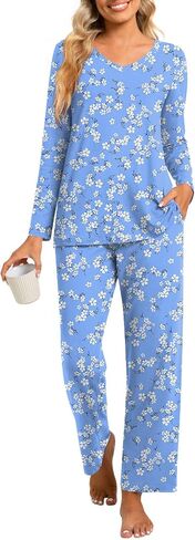 Syoss 2 قطعة مجموعات Pajama Fall Fall ، Long Sleeve Lounge Sleepwear Ladies PJS مجموعات مع جيوب in Kuwait