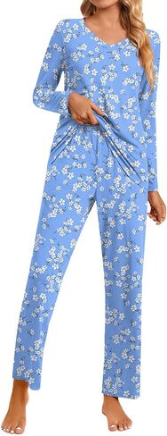 Syoss 2 قطعة مجموعات Pajama Fall Fall ، Long Sleeve Lounge Sleepwear Ladies PJS مجموعات مع جيوب in Kuwait