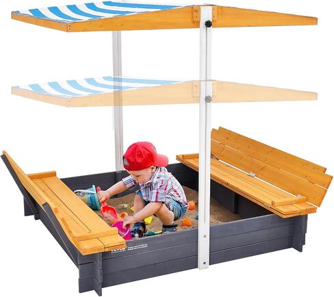 VEVOR Wooden Sandbox with Canopy, Sandpit with Foldable Bench Seats and Bottom Liner, Height Adjustable Roof, Gift for Ages 3-12 Years Old Backyard Garden Easy Assembly (57.3 x 47.2 x 47.2in) in Saudi Arabia