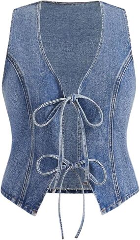 WDIRARA Women's Plus Size Bow Tie Front Denim Vest Jacket Western Sleeveless Jean Outerwear in Saudi Arabia