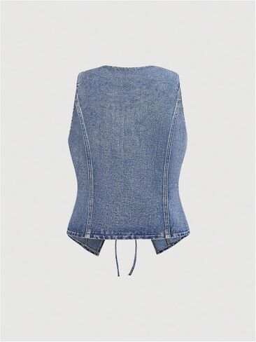 WDIRARA Women's Plus Size Bow Tie Front Denim Vest Jacket Western Sleeveless Jean Outerwear in Saudi Arabia