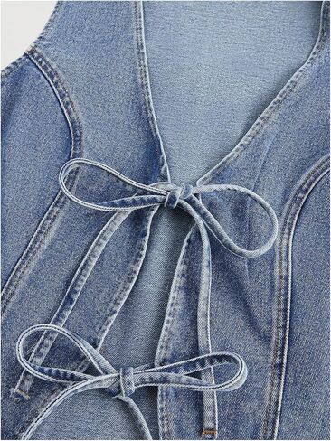 WDIRARA Women's Plus Size Bow Tie Front Denim Vest Jacket Western Sleeveless Jean Outerwear in Saudi Arabia