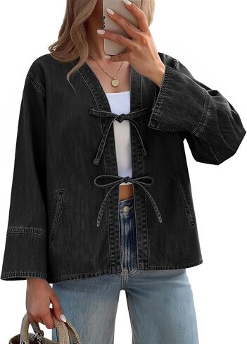Tankaneo Womens Tie Front Denim Jacket Long Wide Sleeve Loose Fit Bow Jeans Coat Going Out Shacket in Saudi Arabia