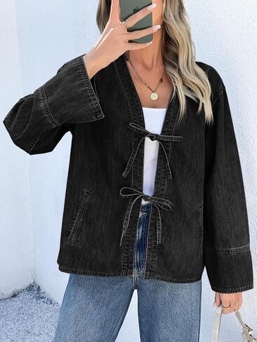 Tankaneo Womens Tie Front Denim Jacket Long Wide Sleeve Loose Fit Bow Jeans Coat Going Out Shacket in Saudi Arabia