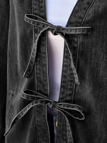 Tankaneo Womens Tie Front Denim Jacket Long Wide Sleeve Loose Fit Bow Jeans Coat Going Out Shacket in Saudi Arabia