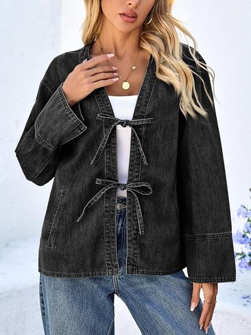 Tankaneo Womens Tie Front Denim Jacket Long Wide Sleeve Loose Fit Bow Jeans Coat Going Out Shacket in Saudi Arabia