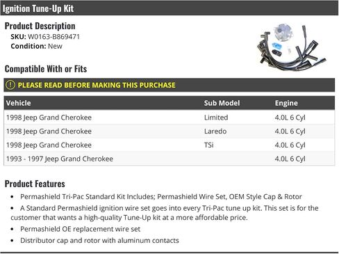 Ignition Tune-Up Kit - Spark Plug Wire Set, Cap and Rotor - Compatible with 1993-1998 Jeep Grand Cherokee 4.0L 6-Cylinder in Saudi Arabia