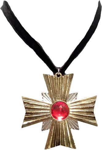 Gold and Silver Metal Vampire Amulet Costume Cross Pendant with Red Gemstone, Black Velvet Cord in Saudi Arabia