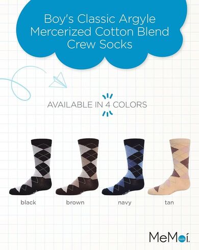 MeMoi Classic Argyle Mercerized Boys Crew Socks, Cotton Blend Boys Dress Socks, Comfortable Crew Height Design - Sizes 2-12 in Saudi Arabia