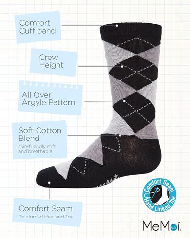 MeMoi Classic Argyle Mercerized Boys Crew Socks, Cotton Blend Boys Dress Socks, Comfortable Crew Height Design - Sizes 2-12 in Saudi Arabia