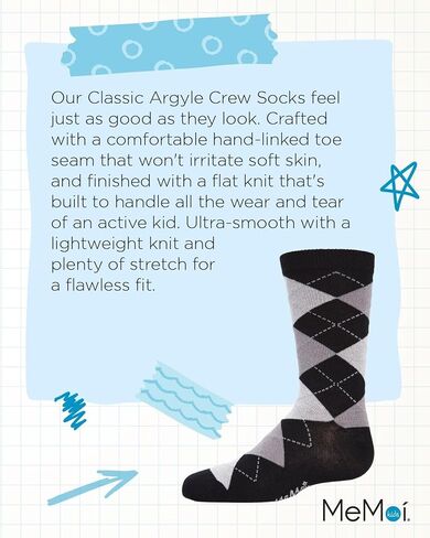 MeMoi Classic Argyle Mercerized Boys Crew Socks, Cotton Blend Boys Dress Socks, Comfortable Crew Height Design - Sizes 2-12 in Saudi Arabia