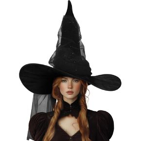 Vzqi Witch Hat Halloween Witches Hat القبعات الساحرة السوداء للنساء معالج البالغين 24 بوصة قبعة شبكية كبيرة in Kuwait