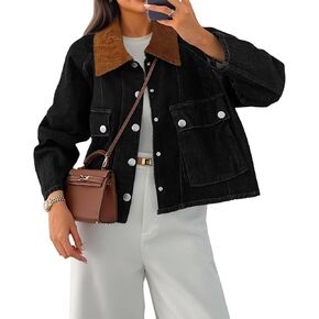 Cicy Bell Womens Cropped Denim Jackets Patchwork Corduroy Collar Barn Jean Jackets Snap Button Coat with Pockets in Saudi Arabia