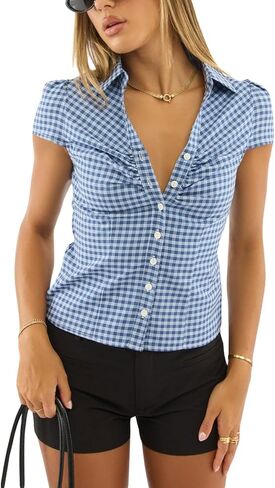 Women's V Neck Ruched Button أسفل قميص غطاء Cap Collared Collared Office Office Bluse Summer Tops Tops in Kuwait