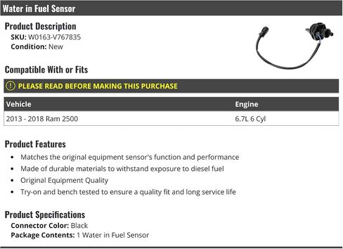 Water in Fuel Sensor - Compatible with 2013-2018 Ram 2500 6.7L 6-Cylinder in Saudi Arabia