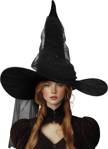 Vzqi Witch Hat Halloween Witches Hat القبعات الساحرة السوداء للنساء معالج البالغين 24 بوصة قبعة شبكية كبيرة in Kuwait