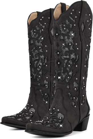 Western Mid Calf Cowboy Cowgirl Boots Sparkly Rhinestone Bling Cowboy Boots for Women in Kuwait
