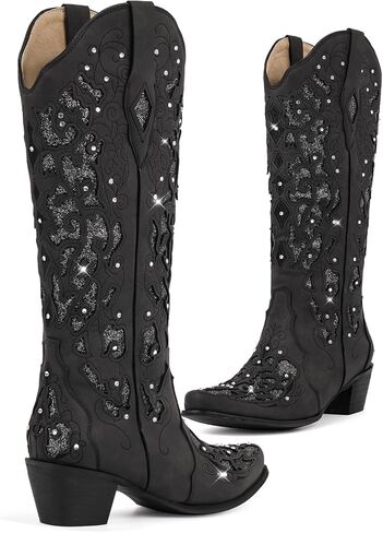 Western Mid Calf Cowboy Cowgirl Boots Sparkly Rhinestone Bling Cowboy Boots for Women in Kuwait