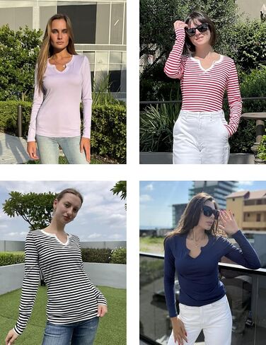 قمصان Ekouaer Womens Thermal Long Sleeve V-Neck Slim Fit Basic Out Out مضلع قمم Y2K in Saudi Arabia