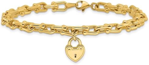 14K Yellow Gold Polished Heart Lock Charm Link Bracelet for Women 7.5"", AFJ-QG-FB1985-7.5-MG in Saudi Arabia