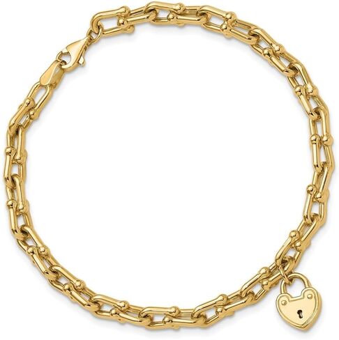 14K Yellow Gold Polished Heart Lock Charm Link Bracelet for Women 7.5"", AFJ-QG-FB1985-7.5-MG in Saudi Arabia