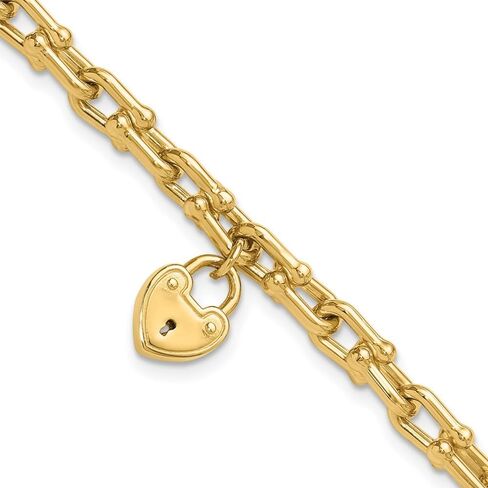 14K Yellow Gold Polished Heart Lock Charm Link Bracelet for Women 7.5"", AFJ-QG-FB1985-7.5-MG in Saudi Arabia