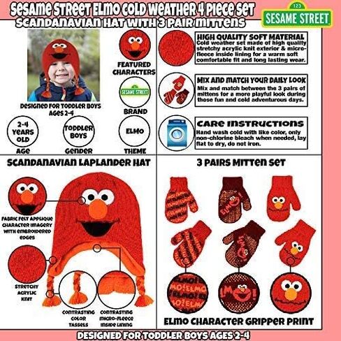 Sesame Street Elmo Hat and 2 Pair Mittens Cold Weather Set, Size Age 2-4, Elmo Mitten 2-4 in Saudi Arabia