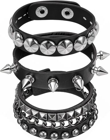 3 Pcs Punk Rock Studded Bracelets Leather Spike Cuff Bracelet 80s Goth Wristband Adjustable Wrap Wrist Cuffs for Men Women Halloween Party Emo Accessories in Saudi Arabia