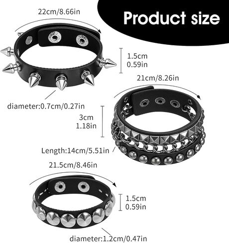 3 Pcs Punk Rock Studded Bracelets Leather Spike Cuff Bracelet 80s Goth Wristband Adjustable Wrap Wrist Cuffs for Men Women Halloween Party Emo Accessories in Saudi Arabia