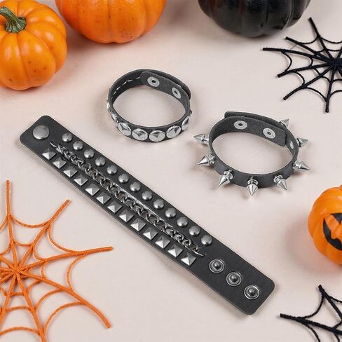 3 Pcs Punk Rock Studded Bracelets Leather Spike Cuff Bracelet 80s Goth Wristband Adjustable Wrap Wrist Cuffs for Men Women Halloween Party Emo Accessories in Saudi Arabia