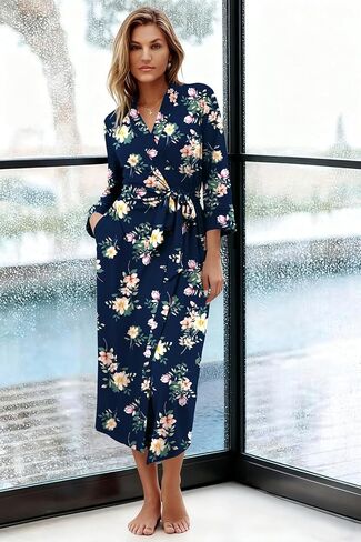 Ekouaer Women Robe Long Knit Bathrobe Lightweight Soft Knit Sleepwear Casual Loungewear with Attached belt in Kuwait