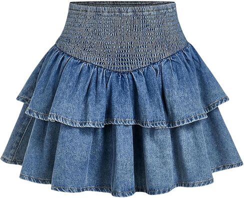 MakeMeChic Women's Shirred Denim Mini Skirt Ruffle Tiered Layer Short Jean Skirts in Saudi Arabia