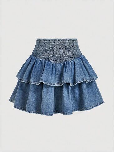 MakeMeChic Women's Shirred Denim Mini Skirt Ruffle Tiered Layer Short Jean Skirts in Saudi Arabia