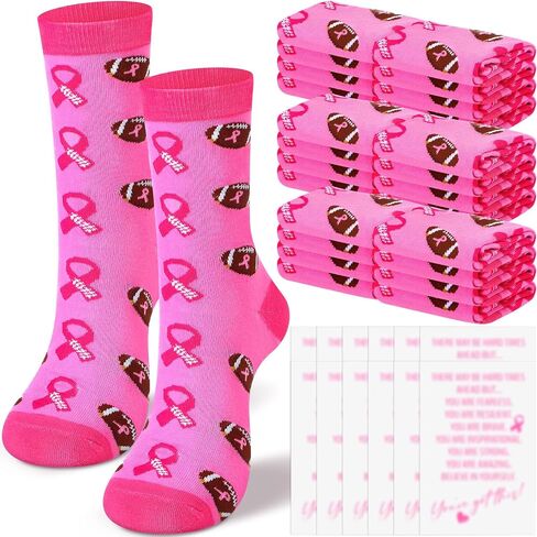 24 Pcs Breast Cancer Gifts Pink Football Socks Bulk Pink Ribbon 12 Breast Cancer Awareness Socks With12 Inspirational Cards for Women Softball Baseball Sport Events Accessories in Saudi Arabia