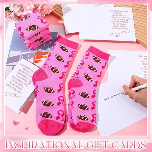 24 Pcs Breast Cancer Gifts Pink Football Socks Bulk Pink Ribbon 12 Breast Cancer Awareness Socks With12 Inspirational Cards for Women Softball Baseball Sport Events Accessories in Saudi Arabia