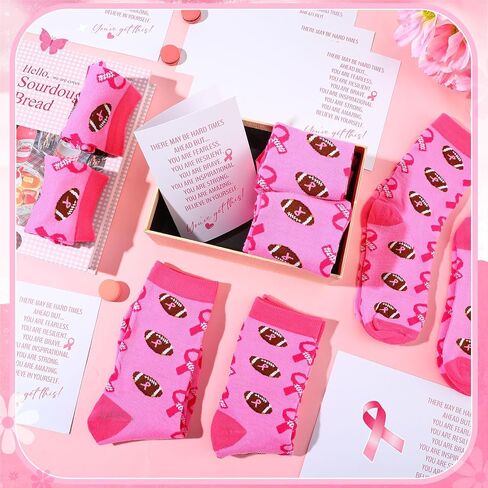 24 Pcs Breast Cancer Gifts Pink Football Socks Bulk Pink Ribbon 12 Breast Cancer Awareness Socks With12 Inspirational Cards for Women Softball Baseball Sport Events Accessories in Saudi Arabia