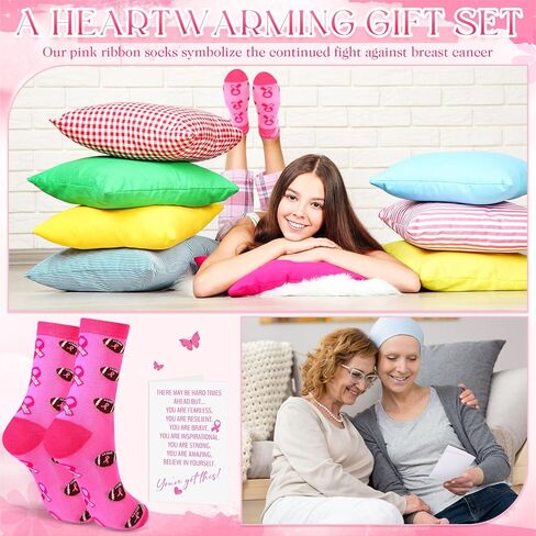 24 Pcs Breast Cancer Gifts Pink Football Socks Bulk Pink Ribbon 12 Breast Cancer Awareness Socks With12 Inspirational Cards for Women Softball Baseball Sport Events Accessories in Saudi Arabia