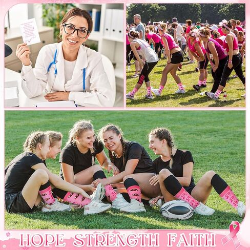 24 Pcs Breast Cancer Gifts Pink Football Socks Bulk Pink Ribbon 12 Breast Cancer Awareness Socks With12 Inspirational Cards for Women Softball Baseball Sport Events Accessories in Saudi Arabia
