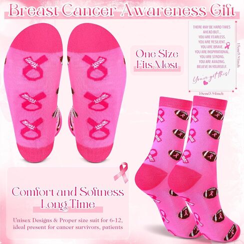 24 Pcs Breast Cancer Gifts Pink Football Socks Bulk Pink Ribbon 12 Breast Cancer Awareness Socks With12 Inspirational Cards for Women Softball Baseball Sport Events Accessories in Saudi Arabia