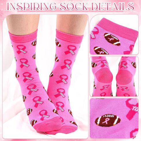 24 Pcs Breast Cancer Gifts Pink Football Socks Bulk Pink Ribbon 12 Breast Cancer Awareness Socks With12 Inspirational Cards for Women Softball Baseball Sport Events Accessories in Saudi Arabia