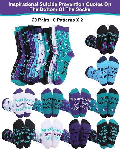 20 زوجًا من الانتحار الوقاية من الوعي الجوارب الجوارب الأرجواني و Teal Ribbon Cotton Crew Socks for National Suebety Monther Supplies in Kuwait