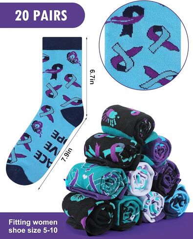 20 زوجًا من الانتحار الوقاية من الوعي الجوارب الجوارب الأرجواني و Teal Ribbon Cotton Crew Socks for National Suebety Monther Supplies in Kuwait