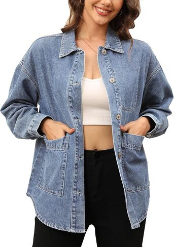Women's Denim Jacket Oversize Long Sleeve Button Down Shirt Boyfriend Jeans Shacket Jacket Coat with Pocket in Saudi Arabia