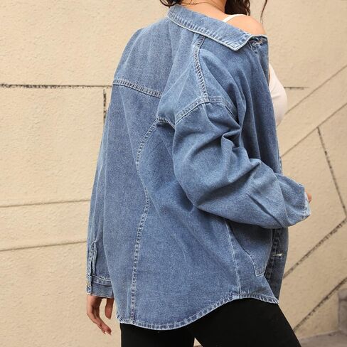 Women's Denim Jacket Oversize Long Sleeve Button Down Shirt Boyfriend Jeans Shacket Jacket Coat with Pocket in Saudi Arabia