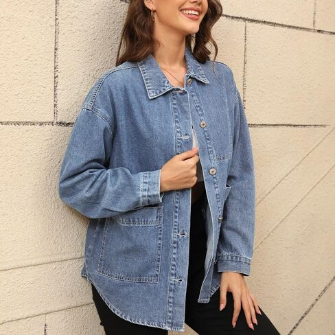Women's Denim Jacket Oversize Long Sleeve Button Down Shirt Boyfriend Jeans Shacket Jacket Coat with Pocket in Saudi Arabia