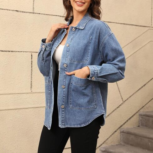 Women's Denim Jacket Oversize Long Sleeve Button Down Shirt Boyfriend Jeans Shacket Jacket Coat with Pocket in Saudi Arabia