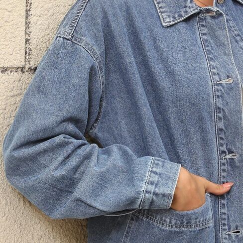 Women's Denim Jacket Oversize Long Sleeve Button Down Shirt Boyfriend Jeans Shacket Jacket Coat with Pocket in Saudi Arabia