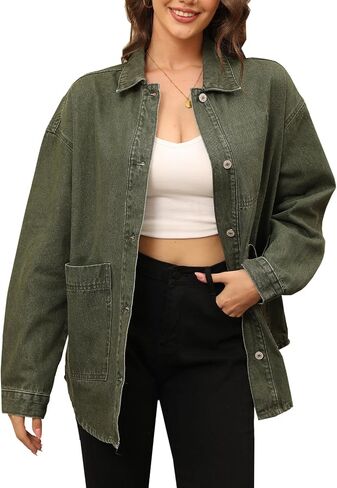 Women's Denim Jacket Oversize Long Sleeve Button Down Shirt Boyfriend Jeans Shacket Jacket Coat with Pocket in Saudi Arabia