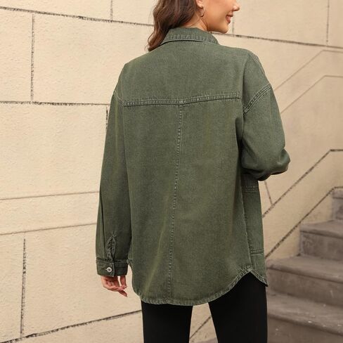 Women's Denim Jacket Oversize Long Sleeve Button Down Shirt Boyfriend Jeans Shacket Jacket Coat with Pocket in Saudi Arabia